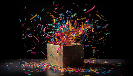 Colorful confetti falling in celebration of a joyful birthday party generated by artificial intelligenceの素材