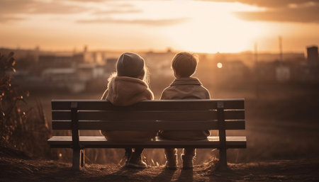 A couple embraces at sunset, enjoying nature tranquil scene generated by artificial intelligenceの素材