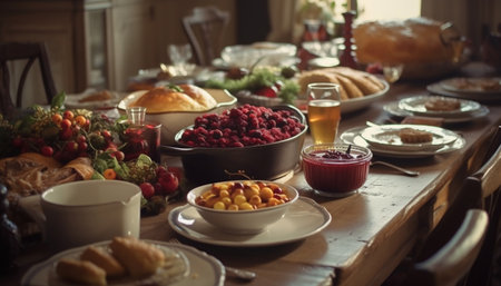 A rustic homemade meal with an abundance of fresh vegetables generated by artificial intelligenceの素材