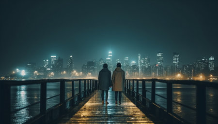 A couple walks at dusk, enjoying city life and togetherness generated by artificial intelligenceの素材