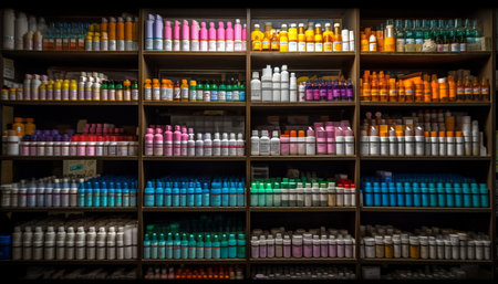 Variety of prescription medicine bottles on modern retail store shelf generated by artificial intelligenceの素材