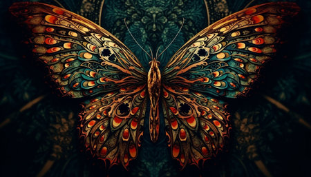 The butterfly ornate wings showcase a vibrant floral pattern generated by artificial intelligenceの素材