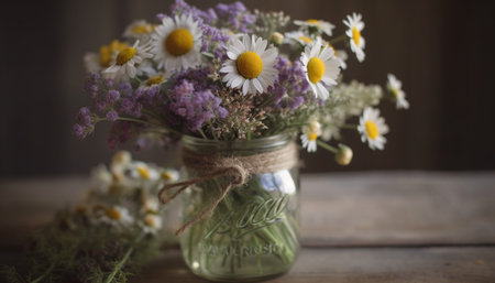 A rustic bouquet of wildflowers in a wooden vase perfect gift generated by artificial intelligenceの素材