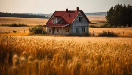 Rustic farmhouse in tranquil meadow, surrounded by wheat and nature generated by artificial intelligenceの素材
