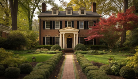 The elegant modern home in the landscaped yard exudes luxury generated by artificial intelligenceの素材