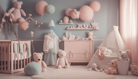 Cute teddy bear toy adds charm to modern bedroom decor generated by artificial intelligenceの素材