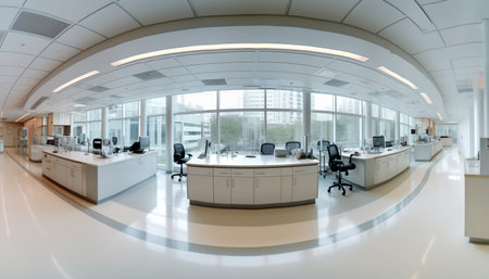 A modern office with clean design, steel equipment, and bright lighting generated by artificial intelligenceの素材