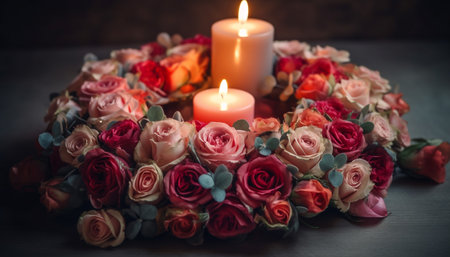 The burning candle illuminates the elegance of the pink arrangement generated by artificial intelligenceの素材