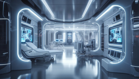 Futuristic robotic arm illuminates modern car clean metal interior generated by artificial intelligenceの素材