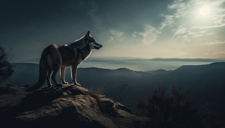 A majestic wolf stands on a mountain peak at dusk generated by artificial intelligenceの素材