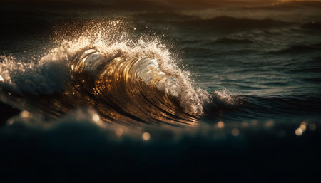 Men surfing at dusk, spraying water in extreme sport adventure generated by artificial intelligenceの素材