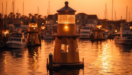 The illuminated yacht sails into the tranquil sunset, reflecting nature generated by artificial intelligenceの素材