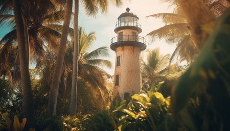 A tranquil scene of a Caribbean coastline at dusk illuminated generated by artificial intelligenceの素材
