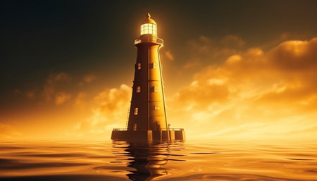 The nautical vessel sails towards the horizon over water at dawn generated by artificial intelligenceの素材