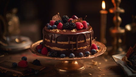 A homemade chocolate cheesecake with raspberry and berry fruit decoration generated by artificial intelligenceの素材