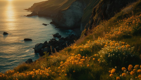 The tranquil scene of the sunset over the mountain range generated by artificial intelligenceの素材