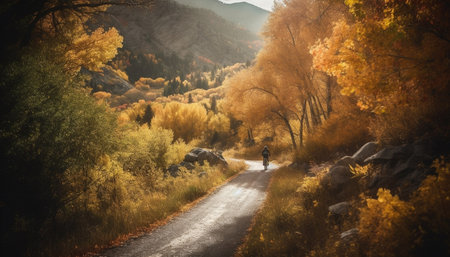 One person hiking on a footpath in tranquil autumn forest generated by artificial intelligenceの素材