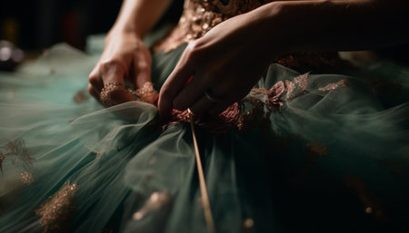 The skilled tailor hand sews elegant silk dress with precision generated by artificial intelligenceの素材