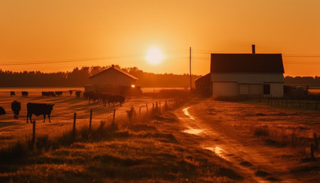 Silhouette of cattle grazing on meadow at dusk, tranquil scene generated by artificial intelligenceの素材