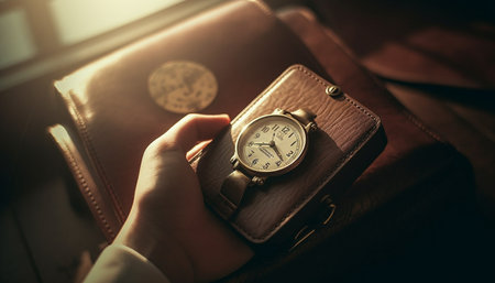 The elegant businessman holds an old fashioned wristwatch, working indoors generated by artificial intelligenceの素材