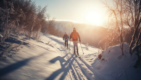 Two adults hiking in the snowy forest, enjoying winter adventure generated by artificial intelligenceの素材