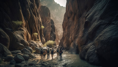 Two men hiking through snow covered mountain range, enjoying winter adventure generated by artificial intelligenceの素材