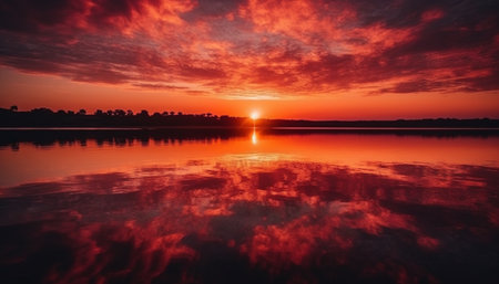 A tranquil scene at dusk, the sun reflection on water generated by artificial intelligenceの素材