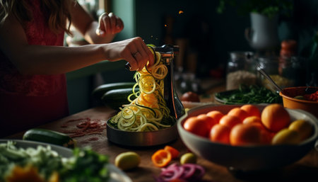 A happy woman prepares a fresh vegetarian salad in kitchen generated by artificial intelligenceの素材