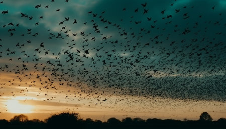 Silhouette of animal wings mid air in vibrant sunset sky generated by artificial intelligenceの素材