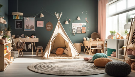 Cute baby plays with toys on cozy rug in modern apartment generated by artificial intelligenceの素材