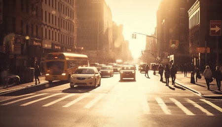 Rush hour traffic blurs city life, illuminated by street lights generated by artificial intelligenceの素材