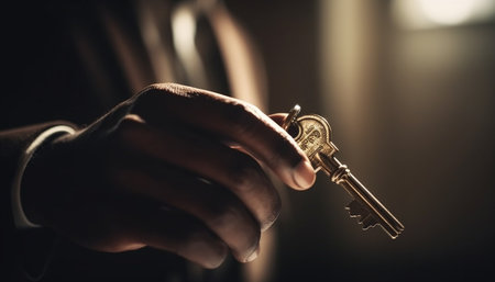 Unlocking success with an old fashioned skeleton key symbolizes achievement generated by artificial intelligenceの素材