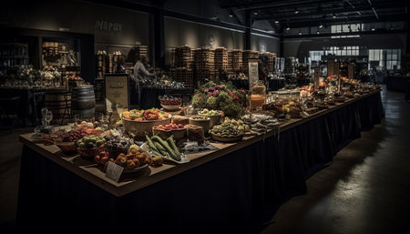 A lavish buffet of gourmet meat, fresh fruit and vegetables generated by artificial intelligenceの素材