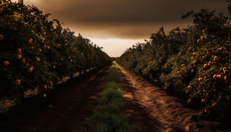 Ripe citrus fruit on tree in rural vineyard at sunset generated by artificial intelligenceの素材