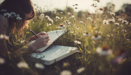 A young adult woman sits in a meadow reading a book generated by artificial intelligenceの素材