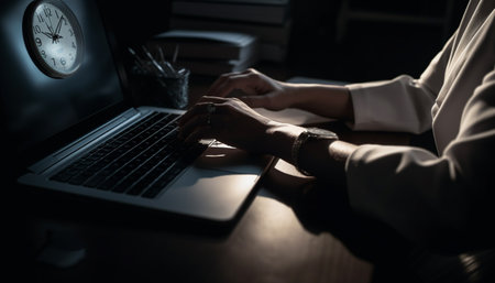 Busy businessman typing emails on laptop at dark office desk generated by artificial intelligenceの素材