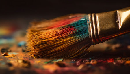 Artist messy studio showcases vibrant, multi colored abstract paintings on paper generated by artificial intelligenceの素材