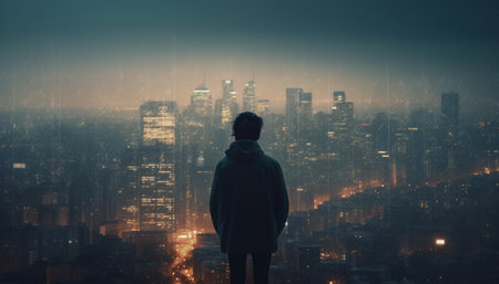 One businessman standing outdoors, looking at Beijing illuminated cityscape generated by artificial intelligenceの素材