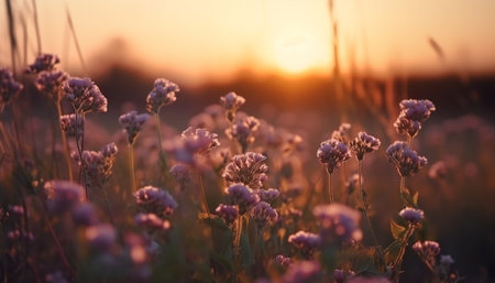 Sunset over uncultivated meadow, beauty in nature wildflower growth generated by artificial intelligenceの素材
