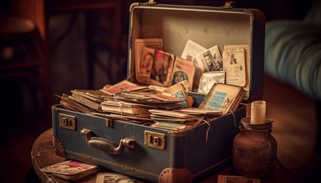 Antique book collection on old fashioned bookshelf evokes nostalgia and memories generated by artificial intelligenceの素材