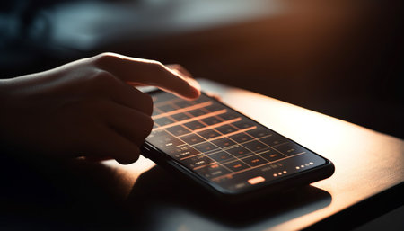 One person holding mobile phone, typing text messages indoors generated by artificial intelligenceの素材