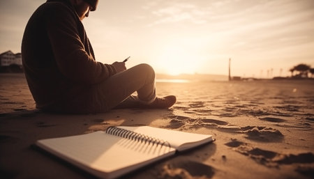 One man sitting outdoors reading a book at sunset generated by artificial intelligenceの素材