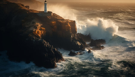 The beacon warns of danger as waves crash on cliffs generated by artificial intelligenceの素材