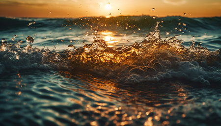 Tranquil seascape at dusk, waves splashing in abstract motion generated by artificial intelligenceの素材