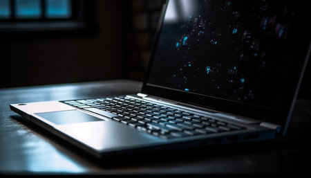 Modern laptop on desk, connected to global communications via wireless technology generated by artificial intelligenceの素材