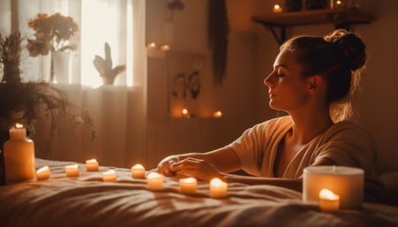One young adult woman enjoys cozy candlelit relaxation indoors generated by artificial intelligenceの素材