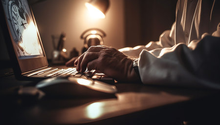 Busy businessman working late, using computer equipment and surfing data generated by artificial intelligenceの素材