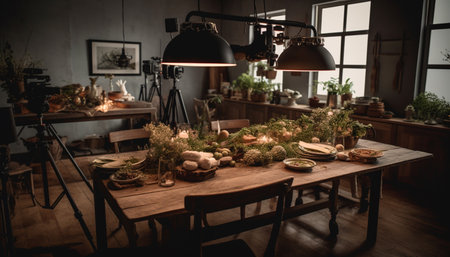 Rustic elegance a modern meal on an old fashioned dining table generated by artificial intelligenceの素材