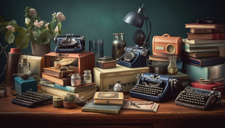 Antique typewriter on old desk, a writer nostalgia collection generated by artificial intelligenceの素材