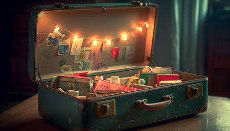 An old fashioned suitcase on a wooden table, a travel adventure awaits generated by artificial intelligenceの素材